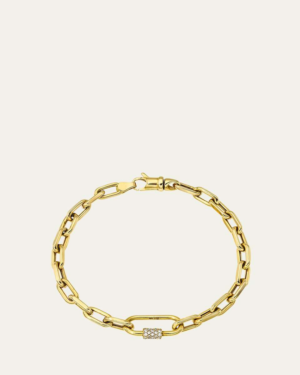 14K Yellow Gold Large Open Link Chain Bracelet with Diamond Carabiner